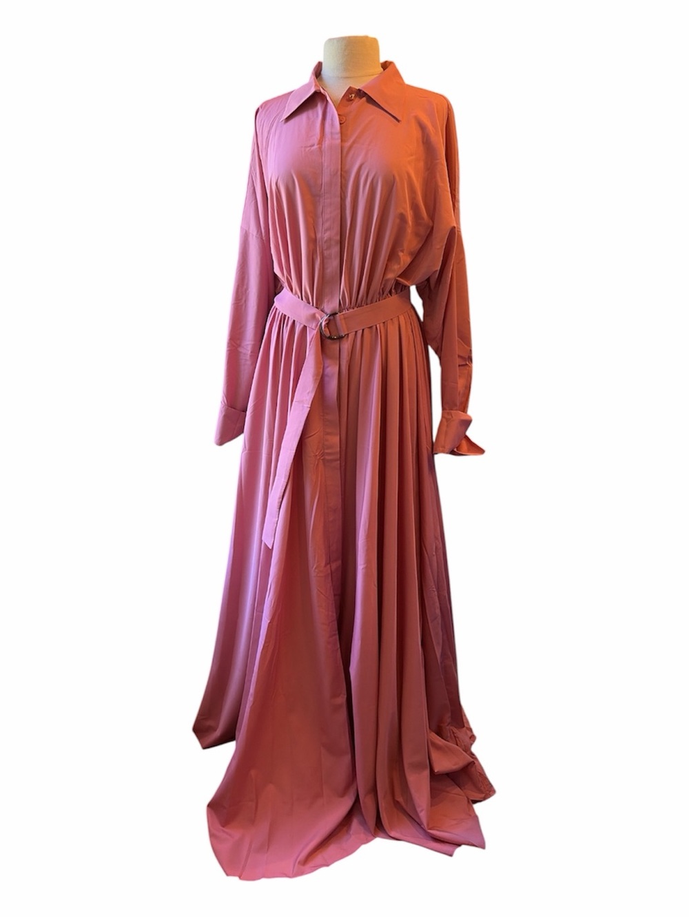 Aleeza Paris Milano Dramatic A-Line Maxi dress w/cinched waist belt Large Pink